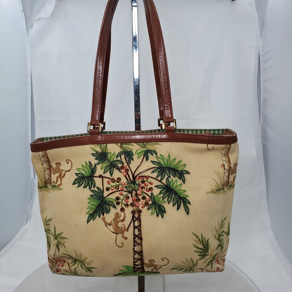 Vintage Y2K Isabella Fiore Going Bananas Monkey Palm Tree Beaded Canvas Tote Bag